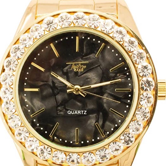 Gold Iced Out Marble Dial Watch w/Solitaire Bezel - Picture 4 of 8